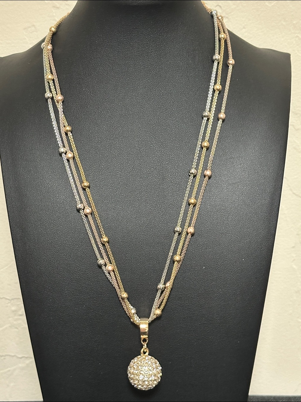 Tri-Color Ball Chain With Gold-tone Rhinestone Ball Vintage Necklace